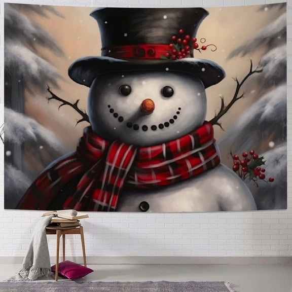 Pratyus Snowman Top Hat Scarf Tapestry Wall Hanging for Bedroom, Dorm Christmas Decoration - Short Plush Fabric Indoor Outdoor Wall Art Decor 50x40inch