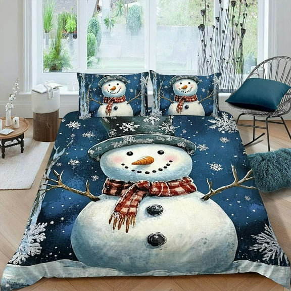 Pratyus Snowman Winter Folk Art 3-Piece Bedding Set Modern Style High Quality Sleep Decor for Bedroom Guest Room 87x68in