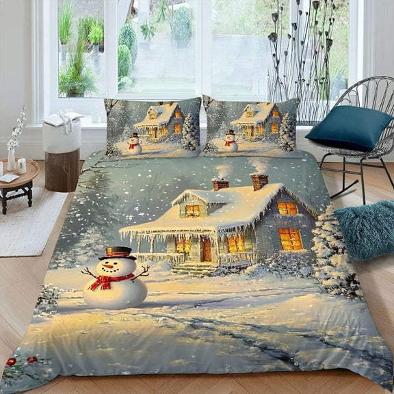 Pratyus Snowman Winter Landscape 3-Piece Bedding Set Modern Style Easy Care Bedroom Set for Men Women, Christmas Theme, Peach Skin Fabric, Room Decor 87x68in