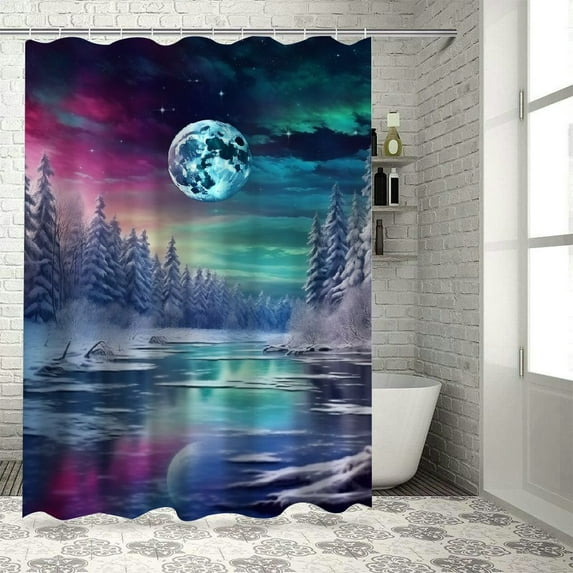 Pratyus Snowy Landscape Moon Trees Printed Shower Curtain Set with Hooks, Easy Care 100% Polyester Washable Bathroom Curtain 69x72