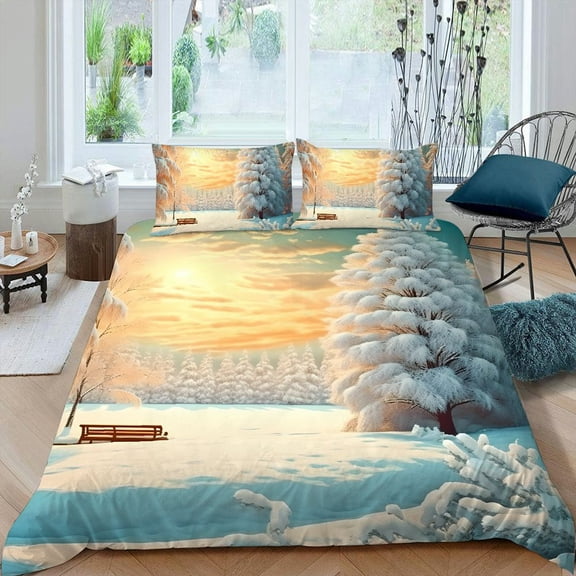 Pratyus Snowy Landscape Trees Sunshine 3-Piece Bedding Set (Single-Sided Print) Comfortable Breathable Peach Skin Fabric Bedroom Guest Room 87x68in