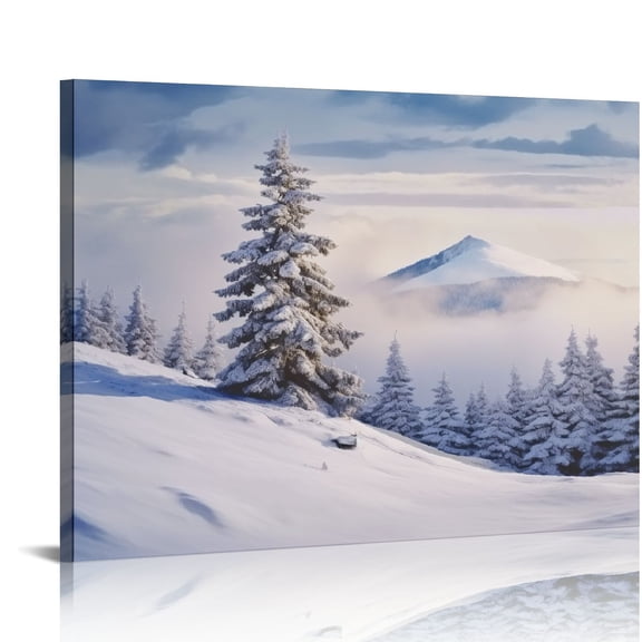 Pratyus Snowy Mountain Pine Tree Cloudy Sky Canvas Wall Art Decor Print on Canvas - Ready to Hang Home Art Decor for Living Room, Bedroom, Office - Great Gift Idea 20x16in