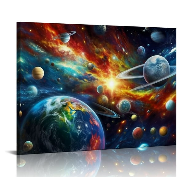 Pratyus Space Planet Canvas Artwork Galaxy Universe Planets Solar System Wall Hanging for Bedroom Living Room Decor 20x16in
