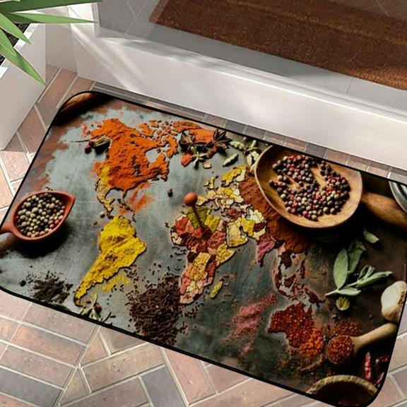 Pratyus Spices Herbs World Map Outdoor Doormat for Entryway Indoor Entrance Front Door Mat Pack of 1, Size L, Recycled Rubber Anti Slip Backing 19.68*39.37 in