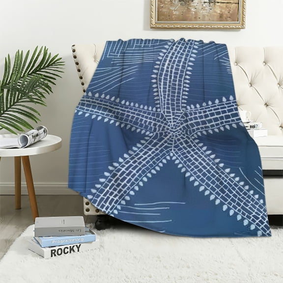 Pratyus Starfish Blue Background White Lines and Dots Print Flannel Throw Blanket Lightweight Soft Blanket for All Seasons, Couch Cover for Adults, Long-Lasting Blanket 40x50in