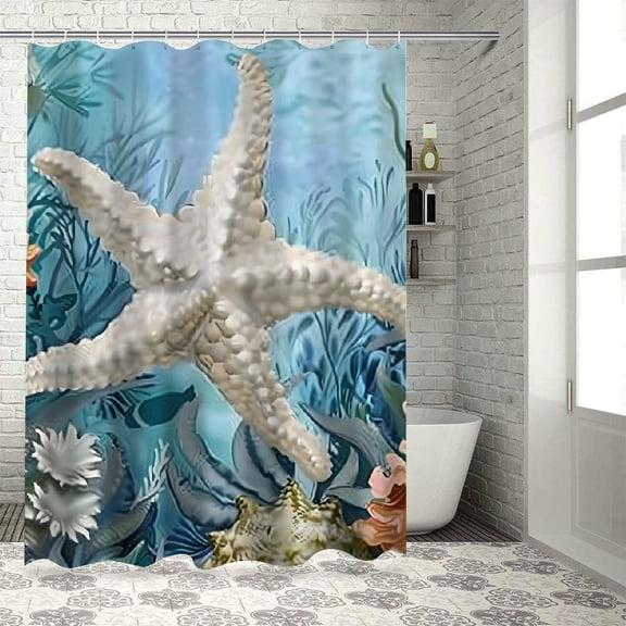 Pratyus Starfish, Corals, Algae Print Shower Curtain, Background Curtain for Showers and Bathtubs, 100% Polyester Fiber, Washable Shower Curtain, Bathroom Curtain with Hooks 36x72