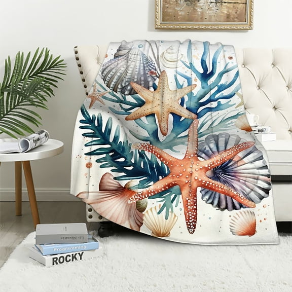 Pratyus Starfish Sea Shells Blue Seaweed Super Soft Flannel Throw Blanket for Bed Sofa Living Room Decor All Seasons Blanket 60x80in