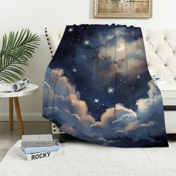 Pratyus Stars Clouds Full Moon Print Flannel Throw Blanket All Seasons Super Soft Blanket 60x80in