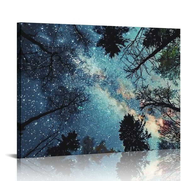 Pratyus Stars Trees Sky Canvas Ready to Hang Art Modern Prints for Home Decor 16x12in