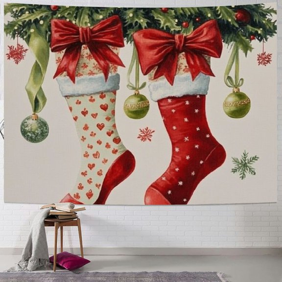 Pratyus Stockings Bows Holly Tapestry Wall Hanging Christmas Decoration Dorm Bedroom Living Room Short Plush Fabric Multi-functional Wall Decor 4 Sizes Included 60x50inch