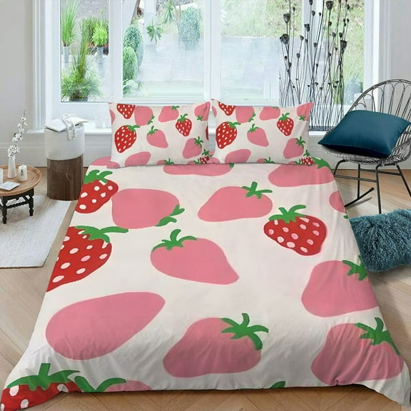 Pratyus Strawberry Peach Skin Velvet 3-Piece Bedding Set (Single-Sided Print) for Bedroom; Guest Room Decoration with Easy Care 87x68in