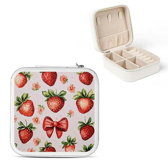 Pratyus Strawberry Theme Mini Jewelry Box Organizer PU Leather for Necklace Ring Earring Storage Case Gift for Women White