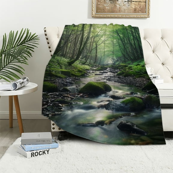 Pratyus Stream Forest Rocks Print Throw Blanket Lightweight Soft Warm Cozy Bed Cover for All Seasons Gift for Kids Boys