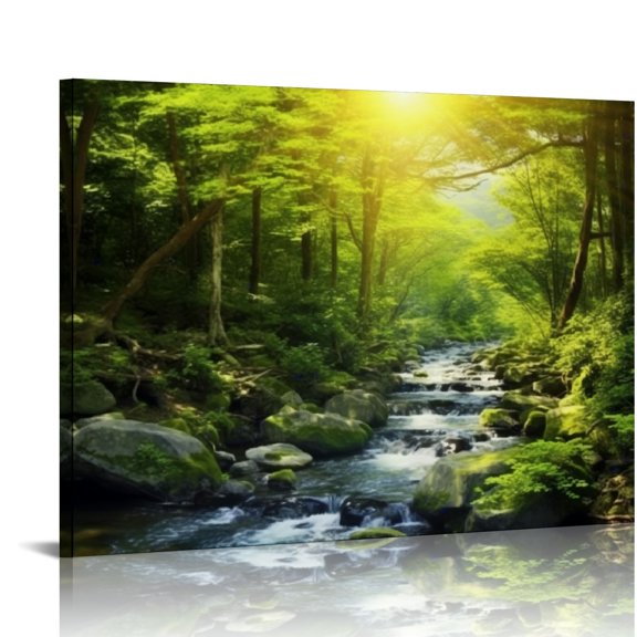 Pratyus Stream Rocks Forest Canvas Wall Art Print for Home Decor Ready To Hang Room Art Decor 16x12in