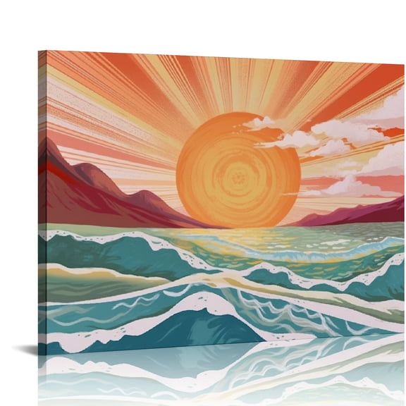 Pratyus Sun Waves Ocean Canvas Print On Canvas Ready to Hang Home Art Decor for Living Room Bedroom Office Hotel Salon Bar 20x16in