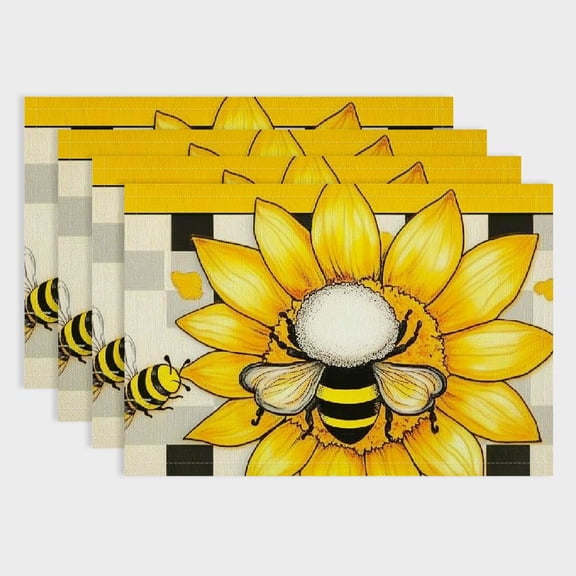 Pratyus Sunflower Bee 4pcs Linen Dining Table Placemats Set for Elegant Home Decor and Dining Experience 18x12in