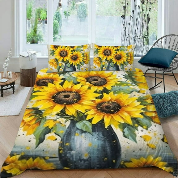 Pratyus Sunflower Bees 3-Piece Bedding Set (Single-Sided Print) Easy to Clean and Care Peach Skin Fabric Bedroom; Guest Room 87x68in