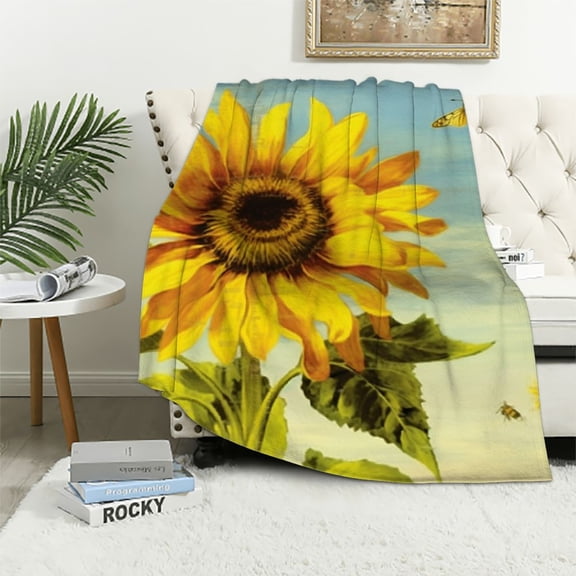 Pratyus Sunflower Bees Blue Sky Throw Blanket for Couch Sofa Bed Office Decor Lightweight Blanket All Seasons Comfort 50x60in