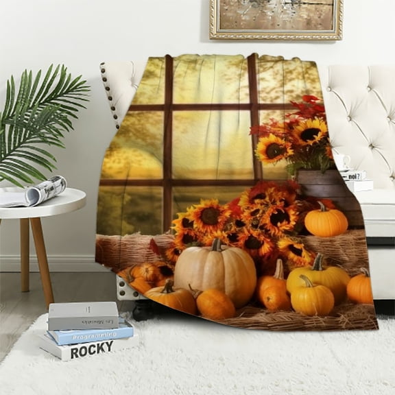Pratyus Sunflowers Pumpkins Hay Bales Thanksgiving Throw Blanket Flannel Blanket for All Seasons Super Soft Long-Lasting Comfortable Design 40x50in
