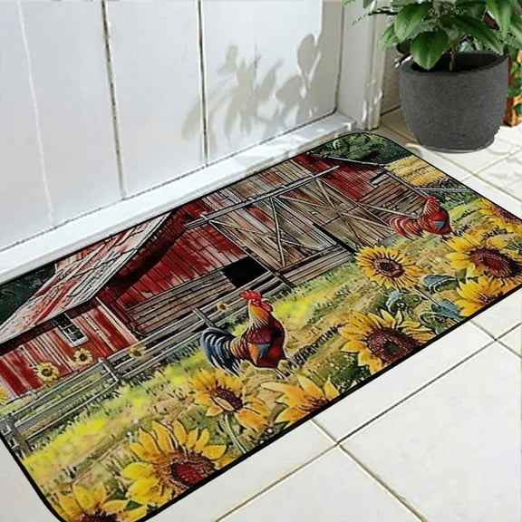 Pratyus Sunflowers Rooster Indoor/Outdoor Welcome Mat, Anti-Slip Recycled Rubber Back, Burlap Felt Top, All-Season Use