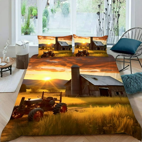 Pratyus Sunset Barn Tractor 3-Piece Bedding Set (Single-sided Print) High Quality Sleep Peach Skin Velvet Bedroom; Guest Room 87x68in