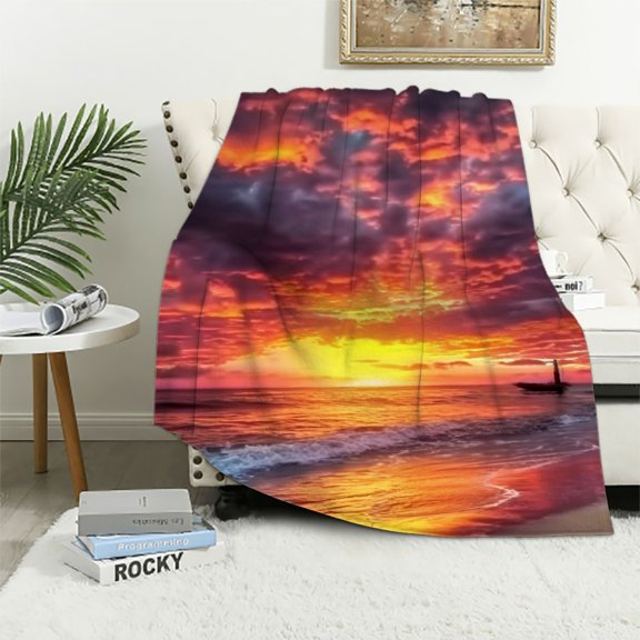 Pratyus Sunset Beach Clouds Flannel Throw Blanket for Bed Couch Sofa Chair All Seasons Comfort 60x80in