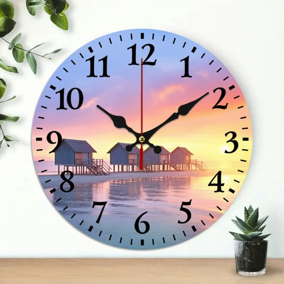 Pratyus Sunset Beach Huts Wooden Wall Clock Silent Mechanical Movement 10-inch Decorative Round Clock for Living Rooms, Kitchens, Dorms - Battery Operated 10x10in