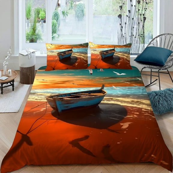 Pratyus Sunset Birds Beach 3-Piece Bedding Set Lightweight and Soft Peach Skin Velvet Bedroom Guest Room 87x68in