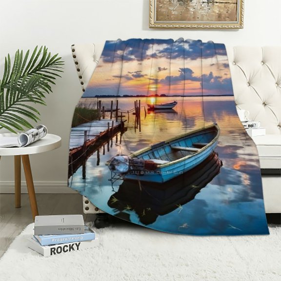 Pratyus Sunset Boats Dock Flannel Throw Blanket for Bed Couch Sofa Chair All Seasons Long-Lasting Blanket 50x60in