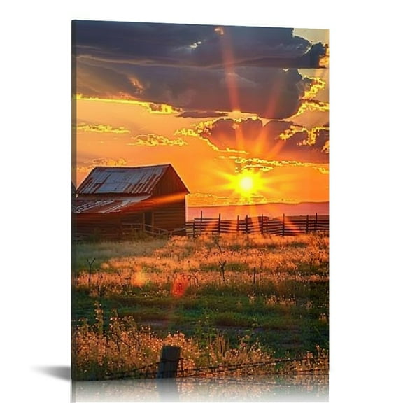 Pratyus Sunset Farm Barn Canvas Wall Art Home Decoration Ready to Hang - Perfect Gift for Home Decor 12x16in
