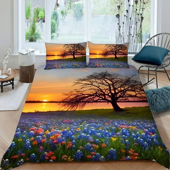 Pratyus Sunset Flowers Landscape 3-Piece Bedding Set (1 Duvet Cover + 2 Pillow Shams) Zipper Closure Single Sided Printing Peach Skin Fabric Bedroom Guest Room Decor 87x68in