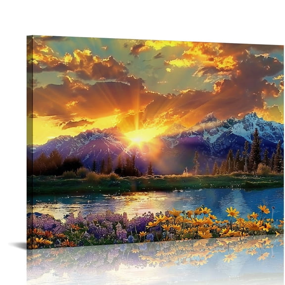 Pratyus Sunset Mountain Flowers Canvas Wall Art Decor for Bedroom and Kitchen, Ready To Hang Home Decoration Pictures 16x12in