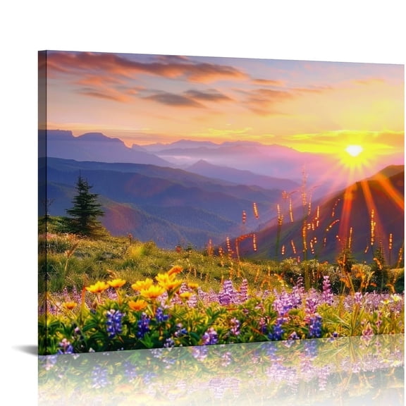 Pratyus Sunset Mountain Wildflowers Canvas Wall Art Decor Ready to Hang - Ideal Gift for Home Office Hotel Decor 20x16in