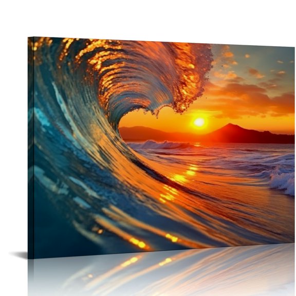 Pratyus Sunset Ocean Boat Canvas Wall Art Decor for Home Living Room Bedroom Kitchen Dining Office Salon - Ready To Hang Room Art Decor 20x16in