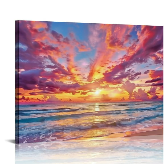 Pratyus Sunset Ocean Colorful Clouds Canvas Print Wall Art Decor Ready To Hang - Ideal for Home, Living Room, Bedroom, Office, and More 16x12in