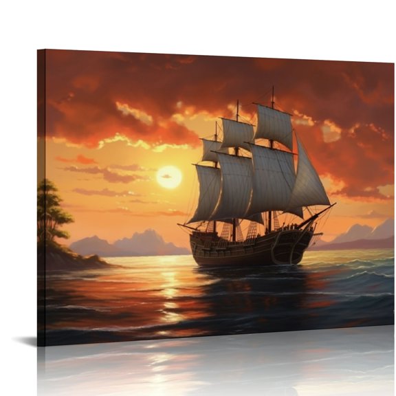 Pratyus Sunset Ocean Ship Canvas Print for Home Art Decor Ready to Hang - Ideal Gift for Wedding, Birthday, Holiday 16x12in
