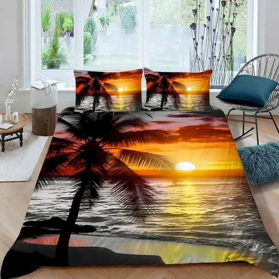 Pratyus Sunset Palm Tree Beach 3-Piece Bedding Set Lightweight and Soft Peach Skin Velvet Bedroom Guest Room Decor 87x68in
