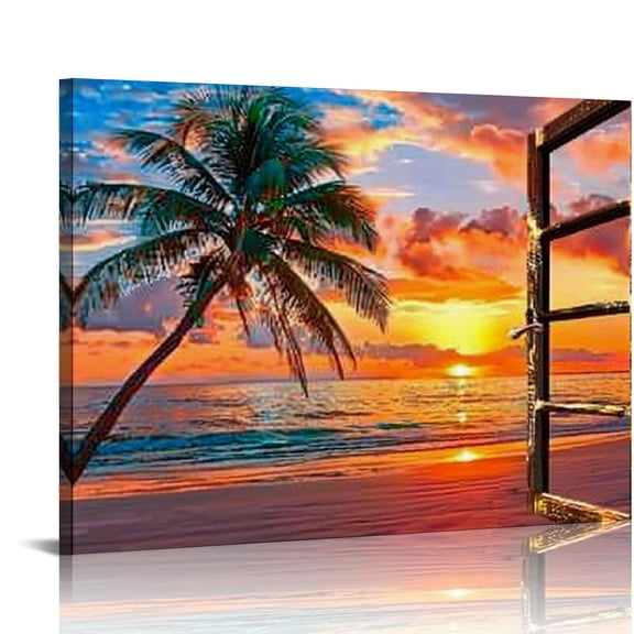 Pratyus Sunset Palm Tree Beach Canvas Wall Art Print for Home Decor, Ready To Hang Room Art Decor 16x12in