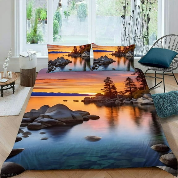 Pratyus Sunset Trees Lake 3-Piece Bedding Set - Peach Skin Fabric, Easy Care, Bedroom, Guest Room 87x68in