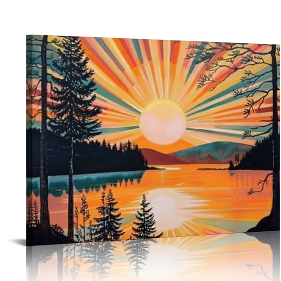 Pratyus Sunset Trees Lake Canvas Print Art Modern Wall Decor Ready To Hang Home Decoration Gift Idea 16x12in