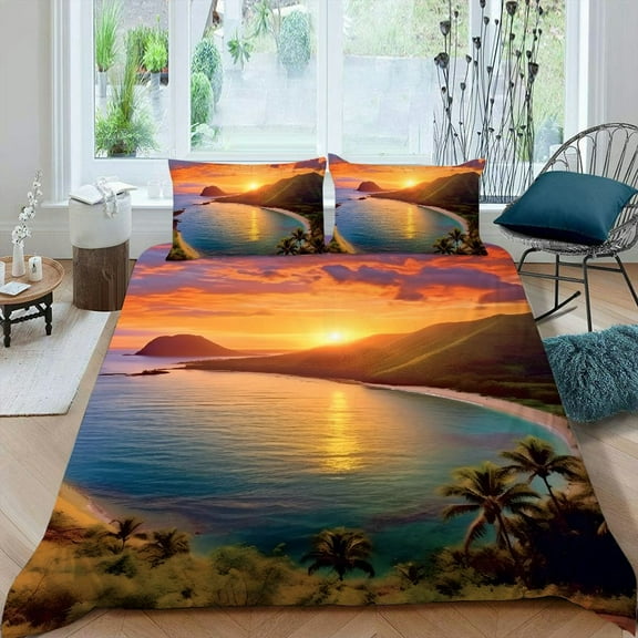 Pratyus Sunset Tropical Island Beach 3-Piece Bedding Set with Comfortable Breathable Peach Skin Fabric - Bedroom Guestroom 87x68in