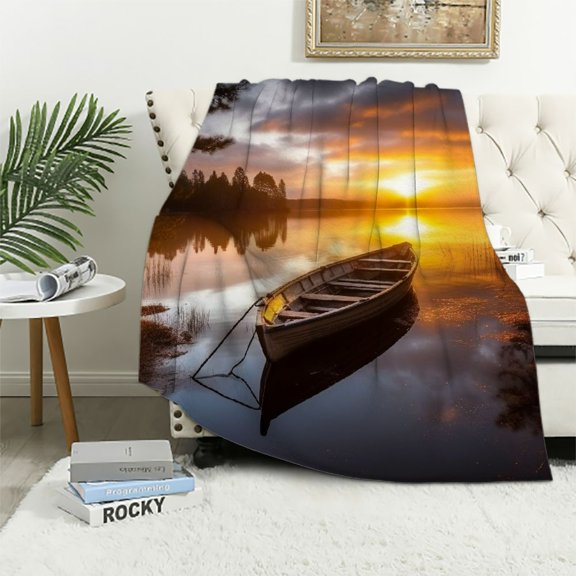 Pratyus Sunset Water Boat Flannel Throw Blanket for Bed Couch Sofa Chair All Seasons Super Soft Blanket 50x60in