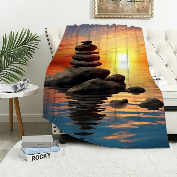 Pratyus Sunset Water Rocks Print Blanket Lightweight Soft Blanket for All Seasons - Super Soft Blanket 40x50in