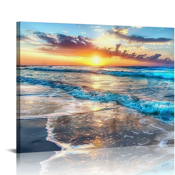 Pratyus Sunset Waves Beach Canvas Wall Art Decor Ready To Hang Room Home Art Decor 16x12in