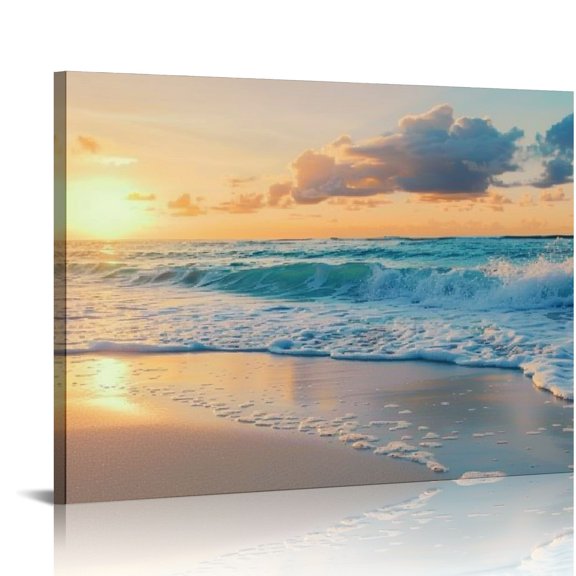 Pratyus Sunset Waves Canvas Print Ready To Hang Wall Art Decor for Home Living Room Bedroom Bathroom Office Hotel Salon Gift Idea 20x16in