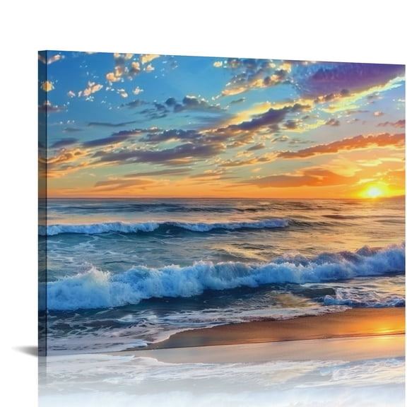 Pratyus Sunset Waves Canvas Wall Art Ready To Hang Room Home Decor - Ideal Gift Choice for Home, Office, and More 16x12in