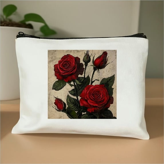Pratyus Tote Bag Valentine Gift Pink Love Cosmetic Bag with Roses Gothic Art Design Travel Essentials Ladies Accessories White