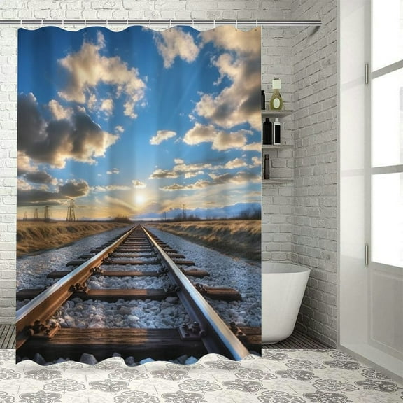 Pratyus Train Track Printed Shower Curtain, Sustainable Polyester Fiber Bathroom Decoration Set with Hooks 60x72