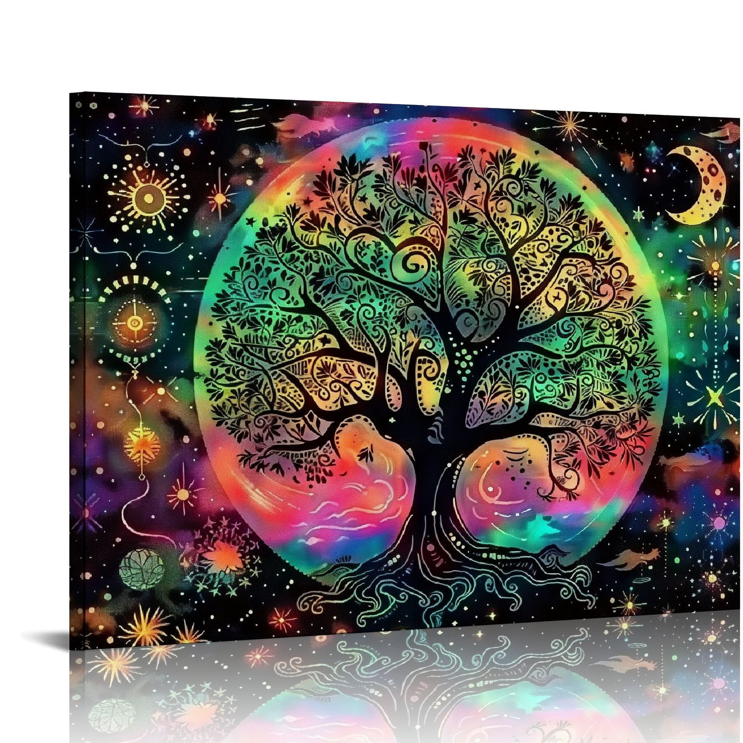 Pratyus Tree of Life Moon Stars Psychedelic Canvas Wall Art Decor Ready ...