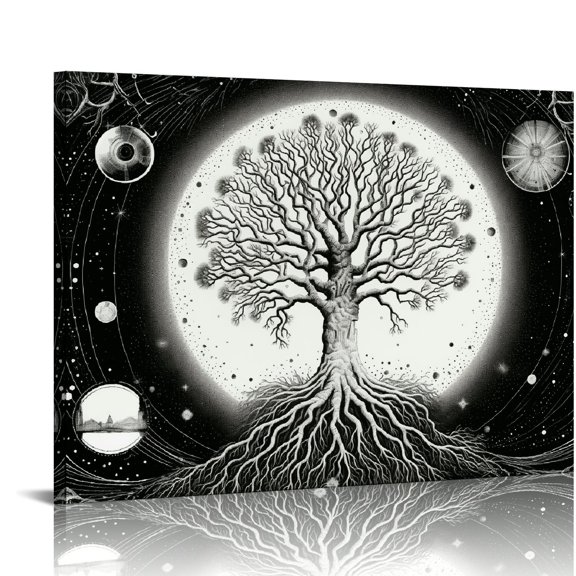 Pratyus Tree of Life Planets Stars Modern Canvas Prints Ready to Hang Art Decor for Home Office Hotel 16x12in
